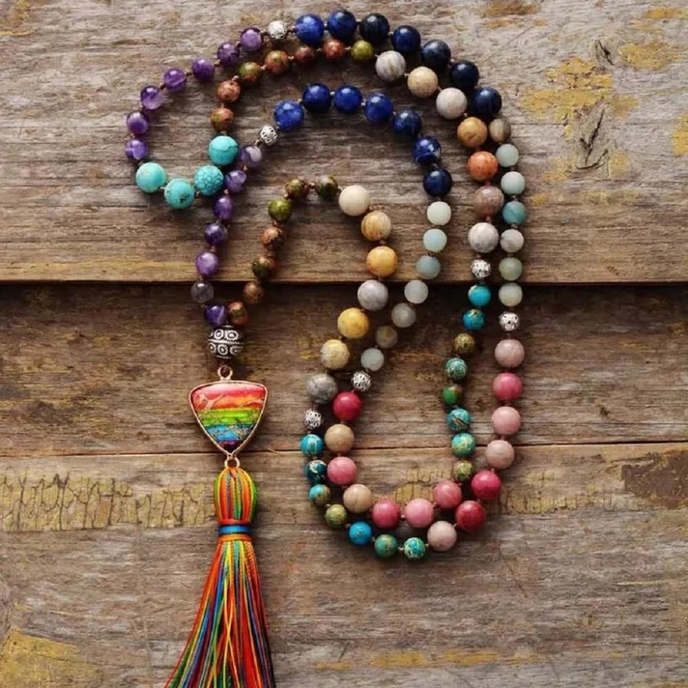 108 Mala Beads 7 Chakra Natural Stone Heart Pendant Tassel Necklace